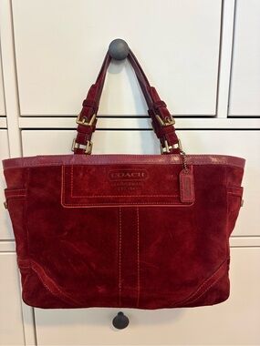 Coach Red Suede Shoulder Tote with Leather Trim